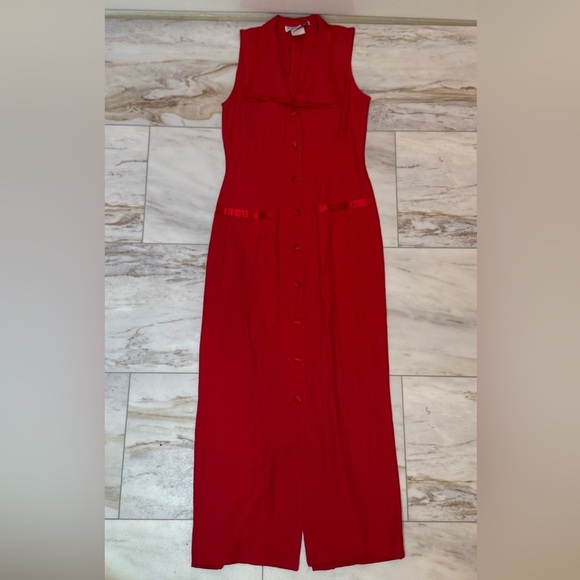 Vintage La Belle Red Sleeveless Button Front Midi Dress - Size 5 - Made in USA - Picture 3 of 8